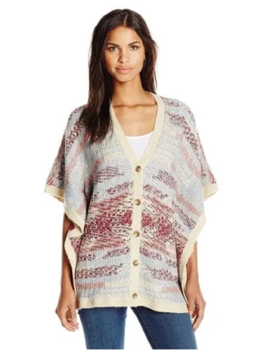 Lucky Brand Cream Multicolor Knit Button Poncho
